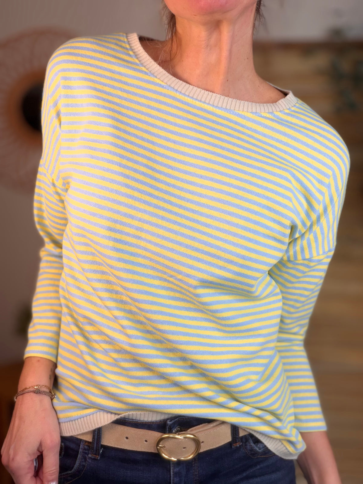 Pull fin rayé ample ROMANE - Bleu/Jaune - FIN DE SÉRIE