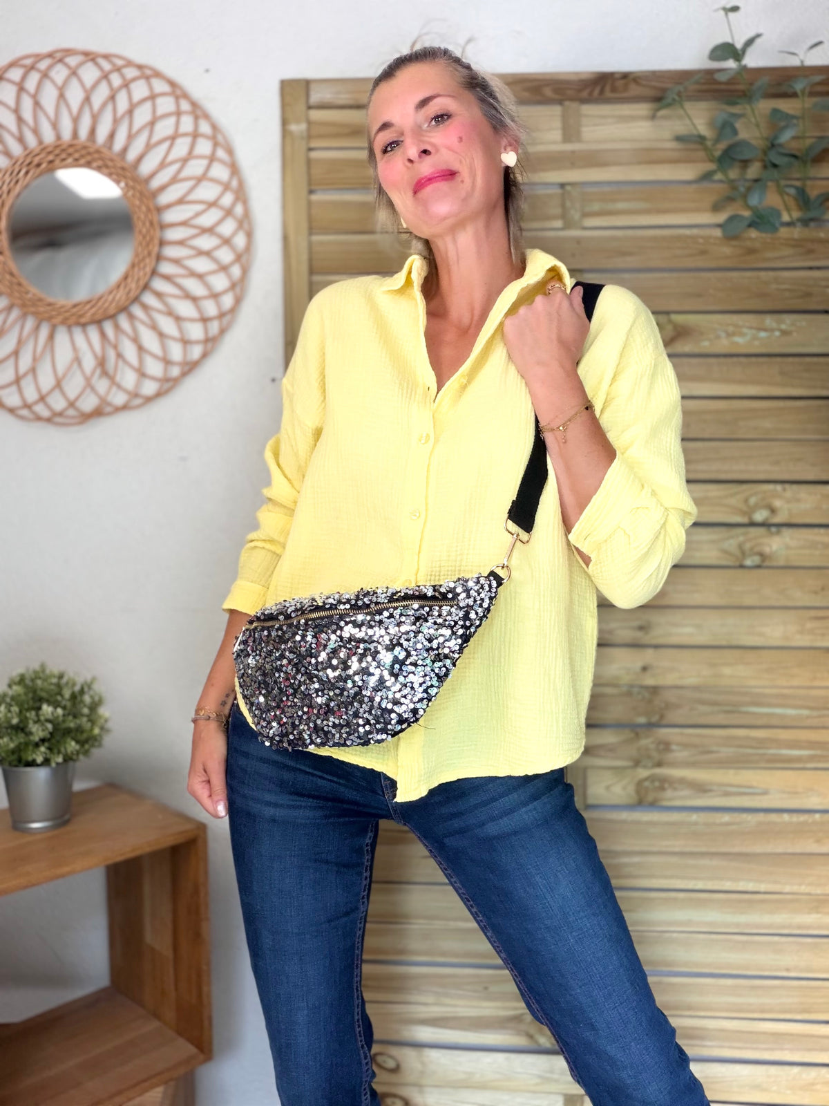 Sac banane L velours à sequins Ciao Boum- TAYLOR - Noir / Argent - DÉSTOCKAGE
