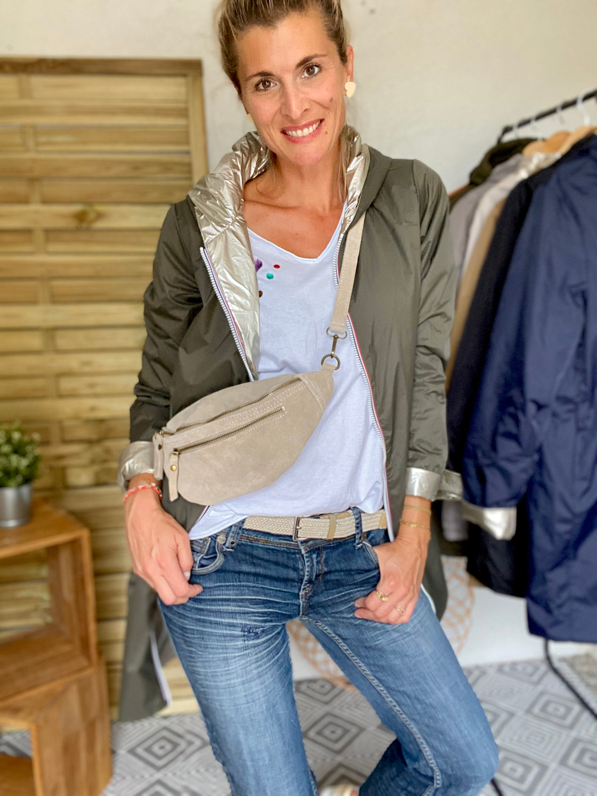 Sac banane double poche en cuir daim - OPALINE - Beige