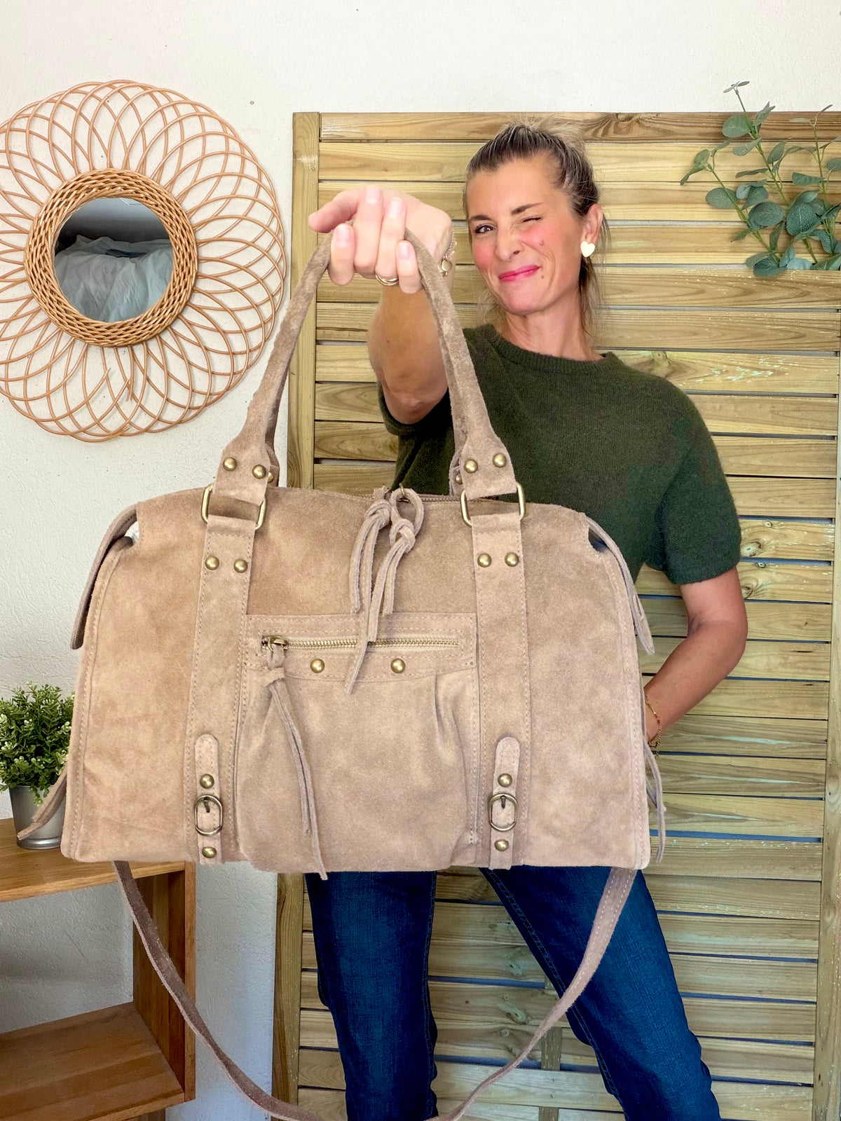 Sac cabas XL en cuir daim • HUNTER Taupe