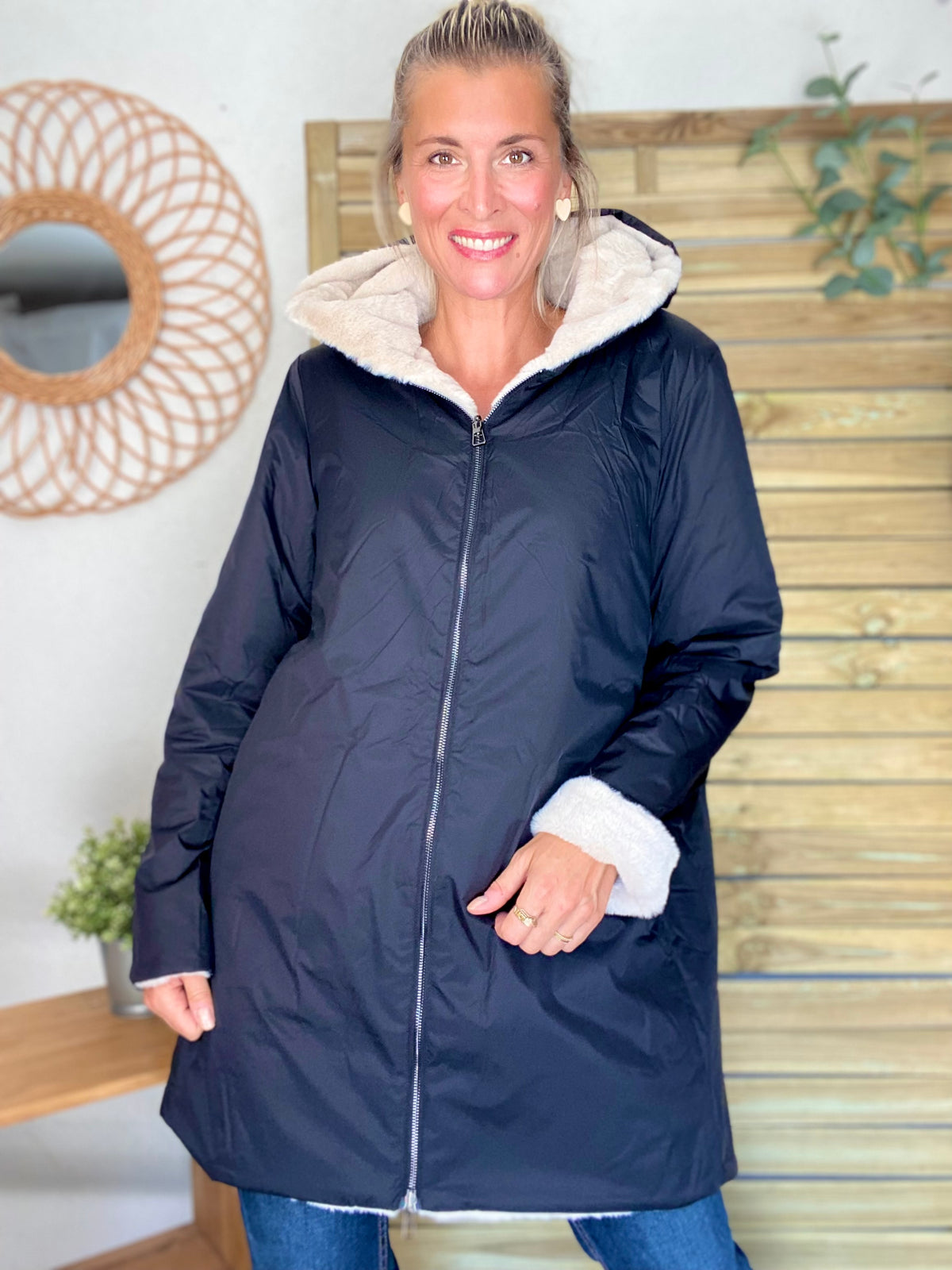 LAURA JO - Parka Imperméable réversible fourrée Noir / Beige ALIX long