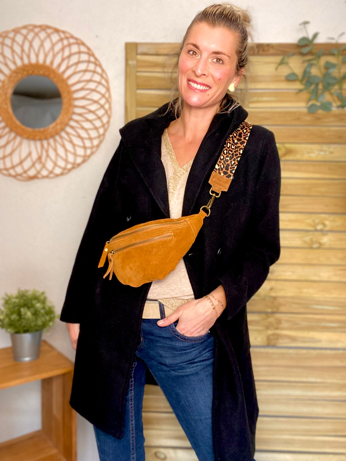 Sac banane double poche en cuir daim - OPALINE - Camel