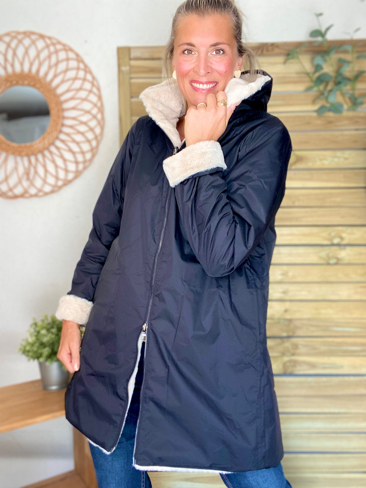LAURA JO - Parka Imperméable réversible fourrée Noir / Beige ALIX long
