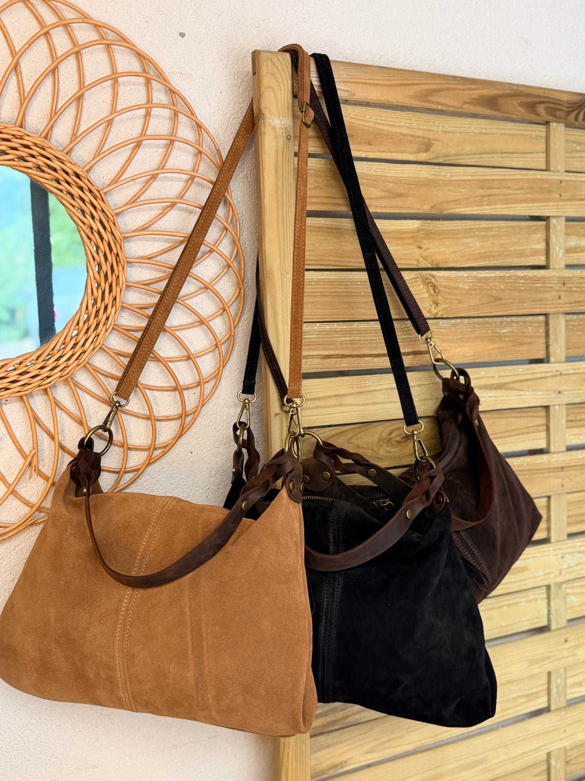 Sac hobo en cuir daim souple, double bandoulière ANDREW Camel clair