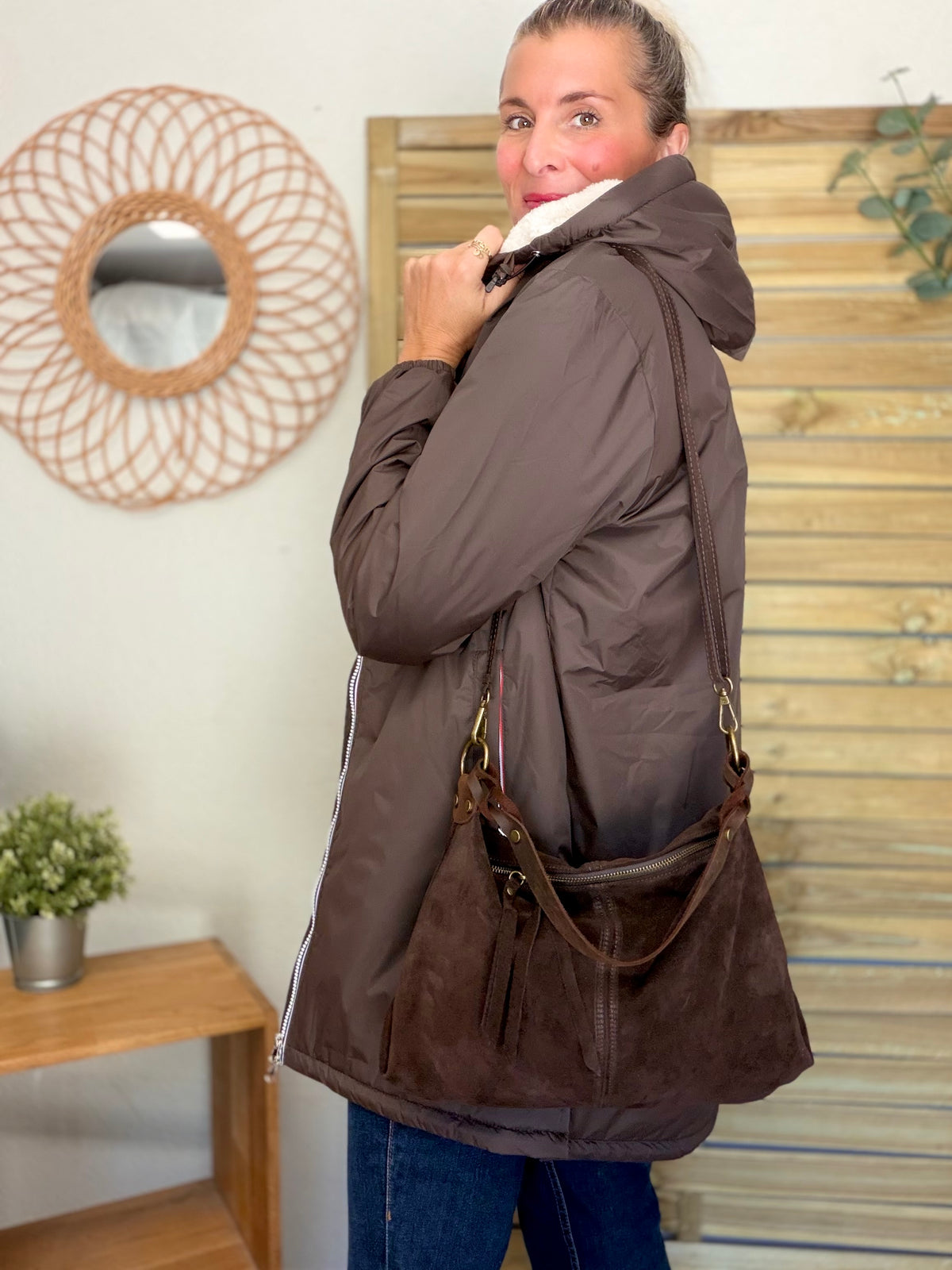 Sac hobo en cuir daim souple, double bandoulière ANDREW Chocolat