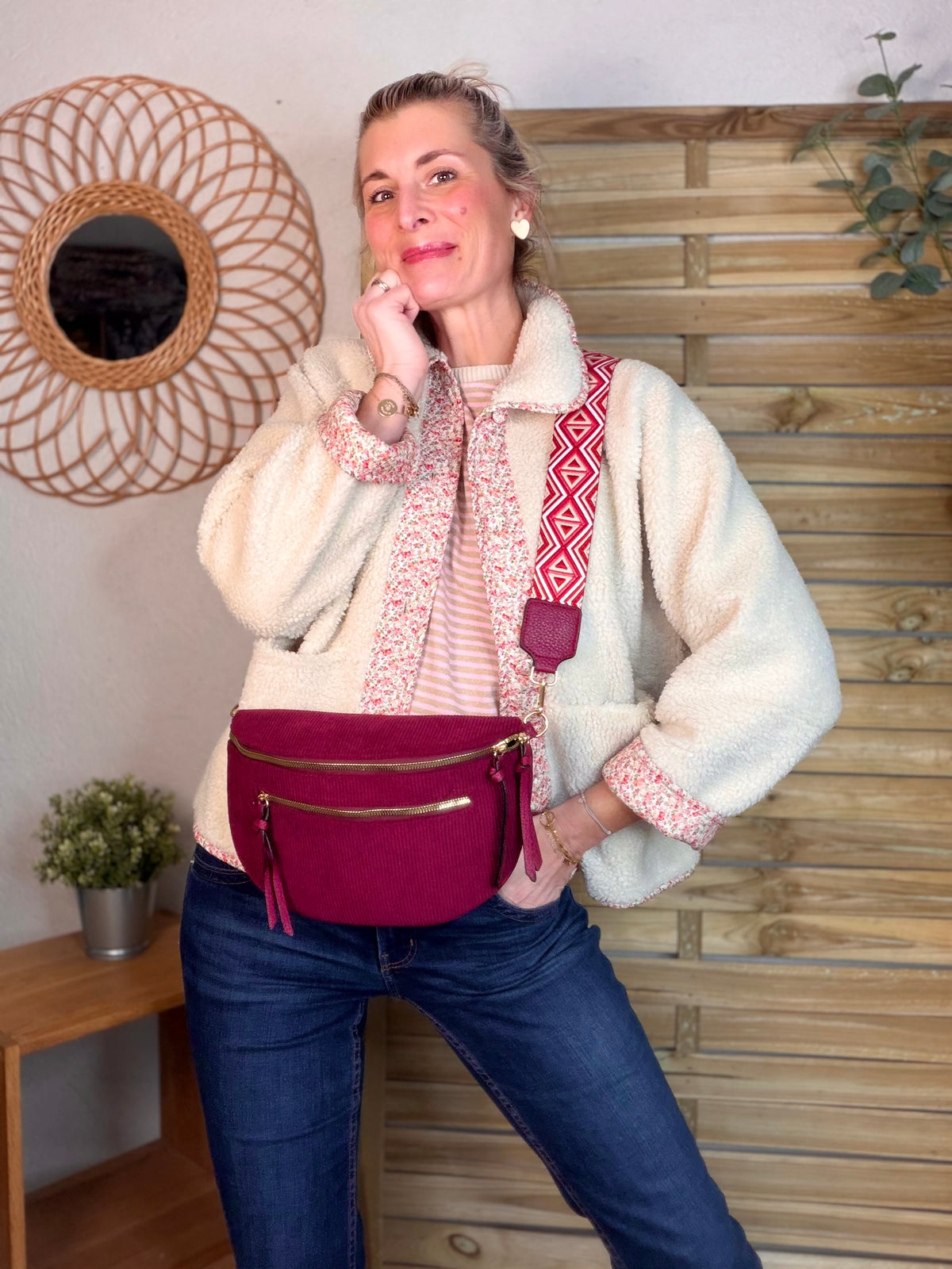 Sac banane en velours côtelé, sangle fantaisie - KATY - Bordeaux - FIN DE SÉRIE