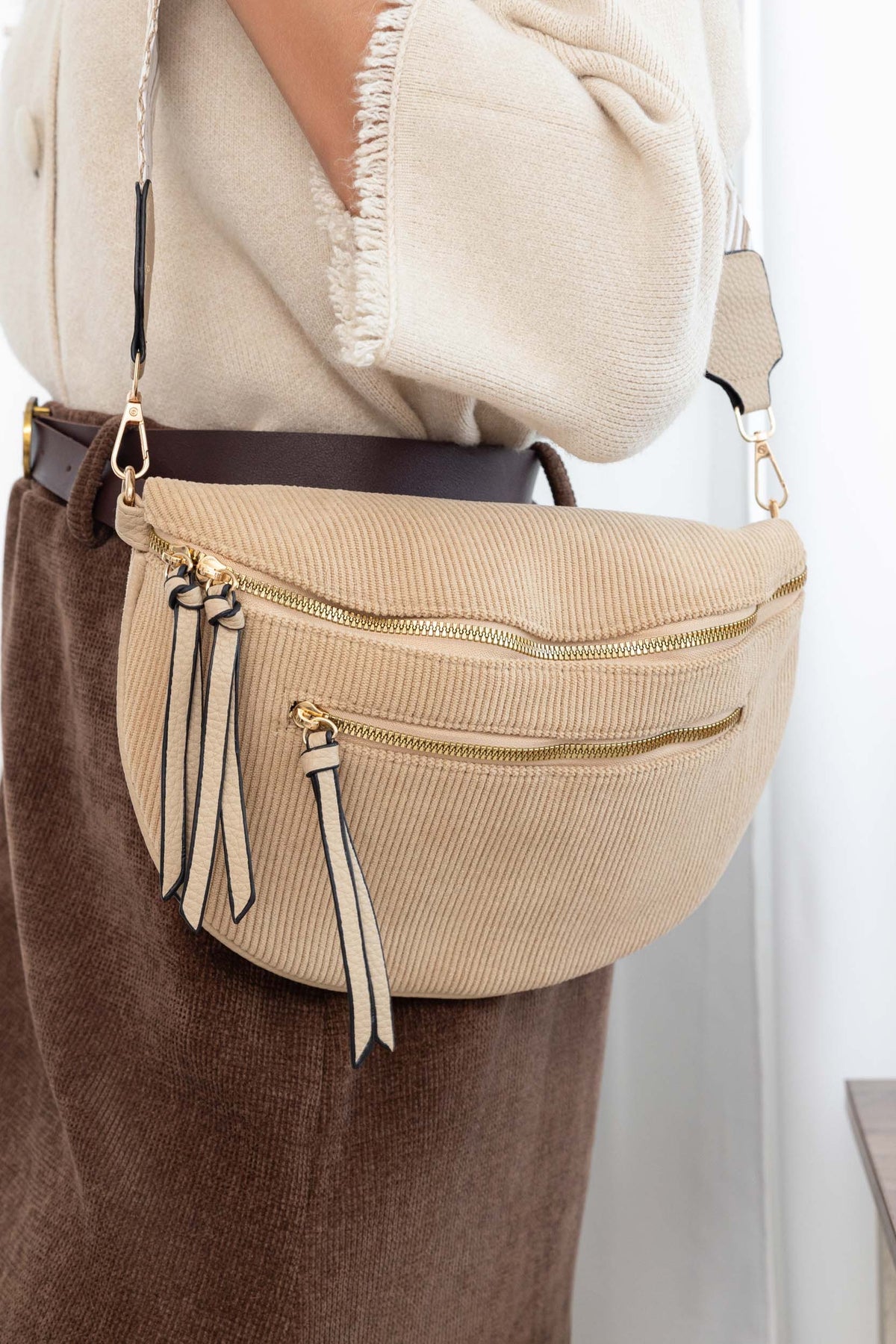 Sac banane en velours côtelé, sangle fantaisie - KATY - Camel clair - FIN DE SÉRIE