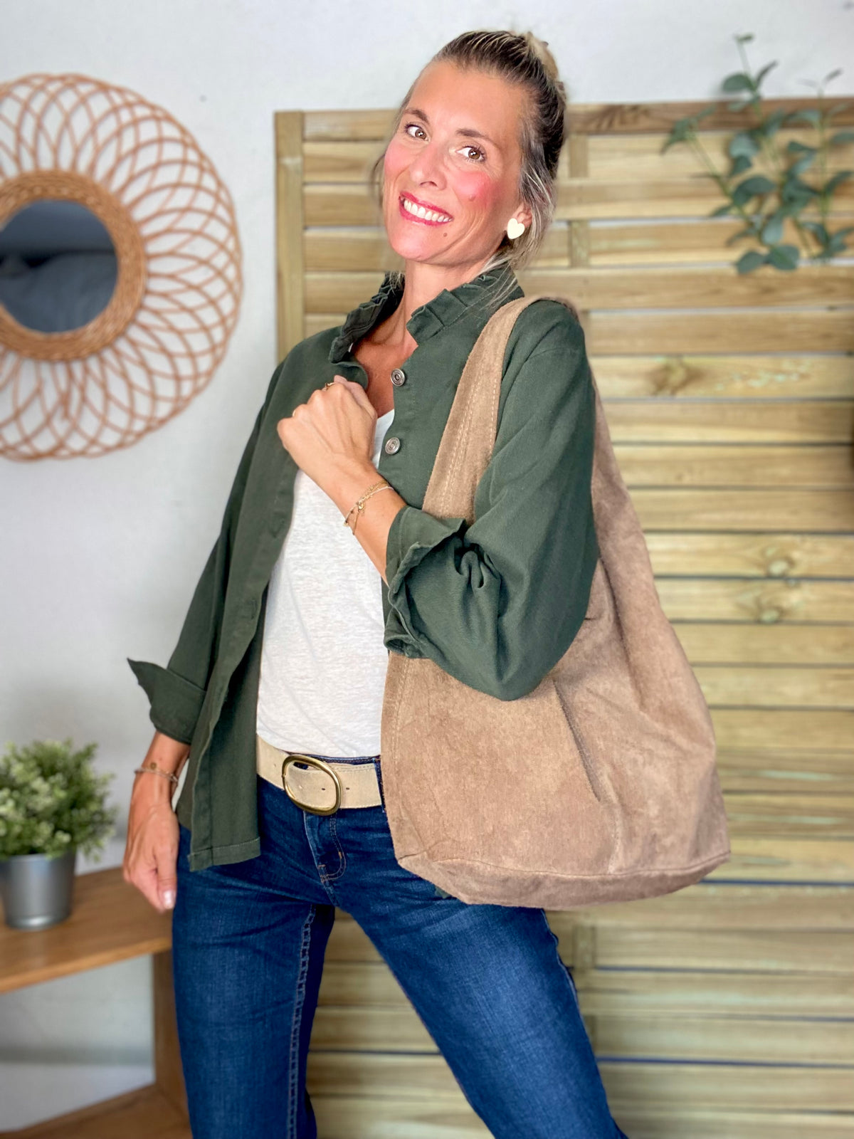 Sac cabas hobo cuir daim MARLON - Beige taupe