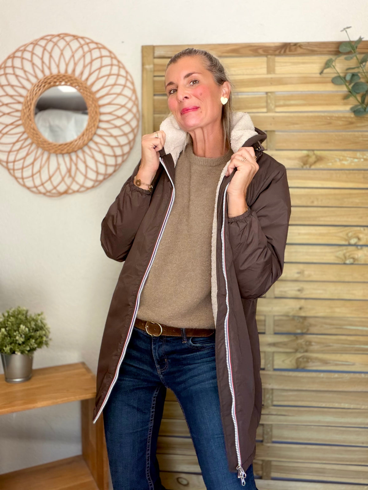 LAURA JO - Parka Imperméable LOUISE LONG Sherpa écru - Chocolat