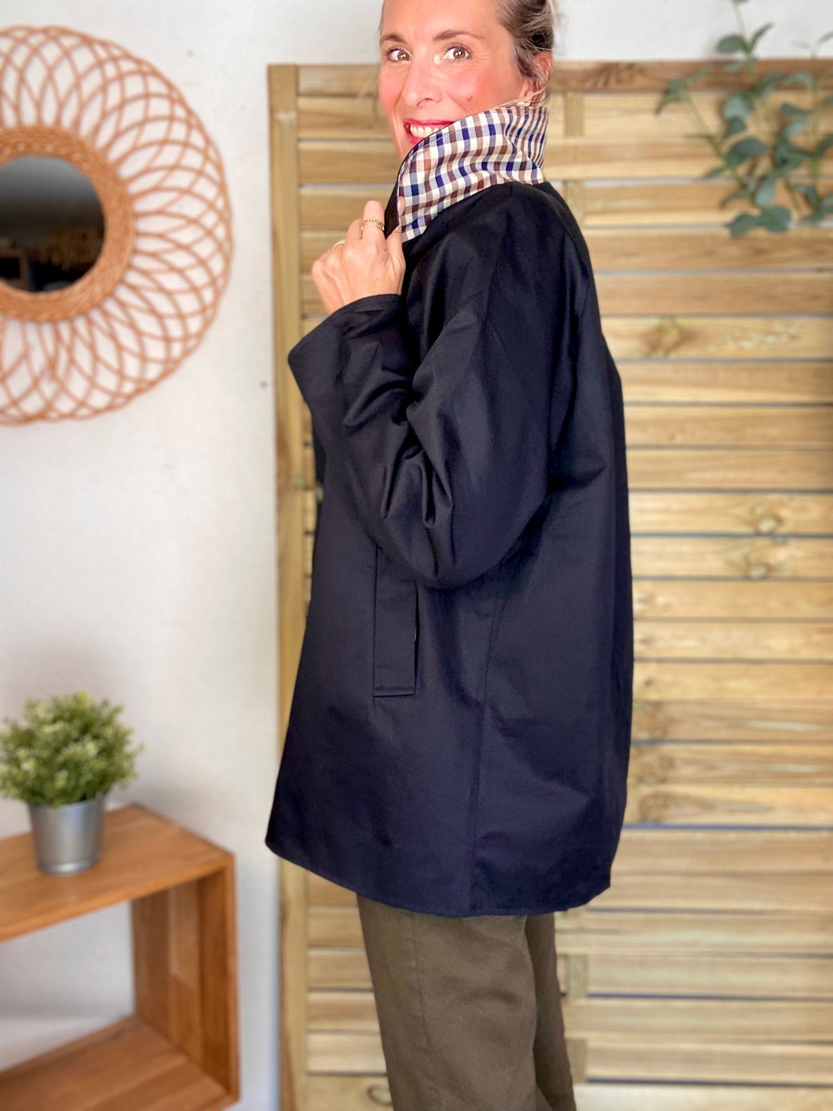 Veste Trench mi long réversible vichy LENA Noir - FIN DE SÉRIE