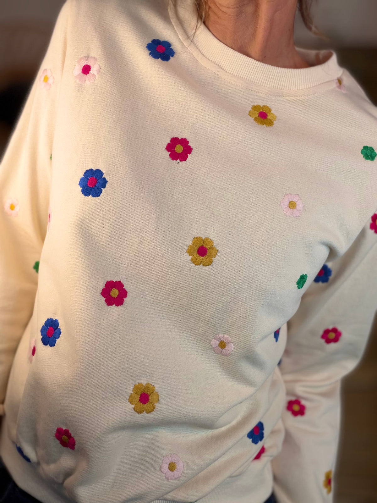 Sweat Beige fleurs multico brodés 🌸 ELISA - FIN DE SÉRIE