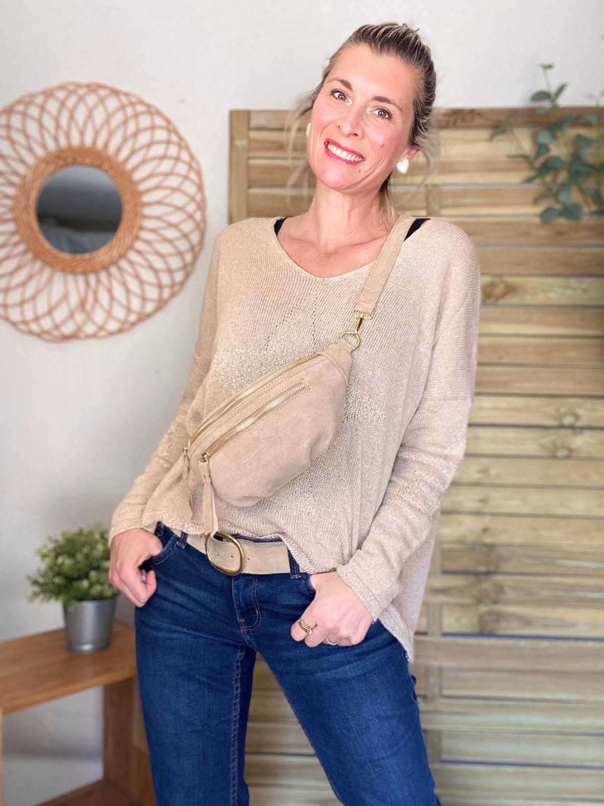Sac banane double poche en cuir daim - OPALINE - Beige