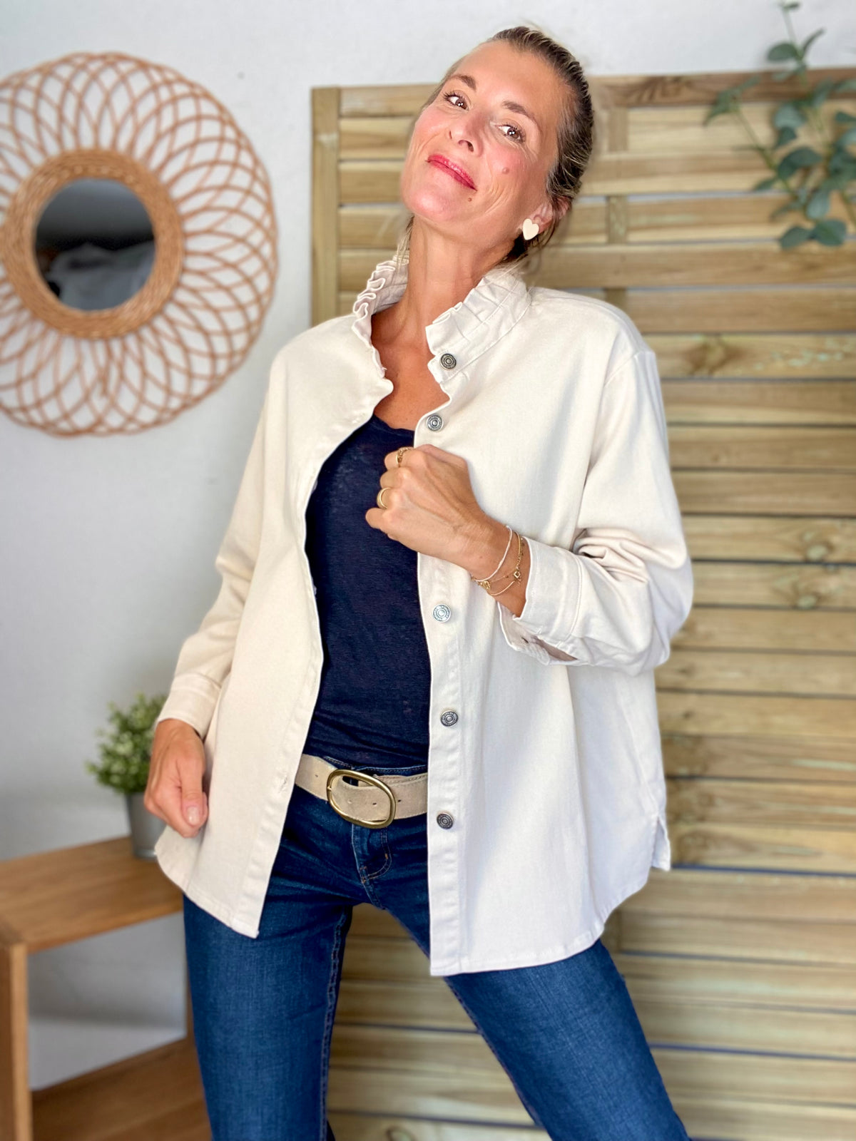 Veste / Chemise en coton, col victorien volanté Beige clair LISON