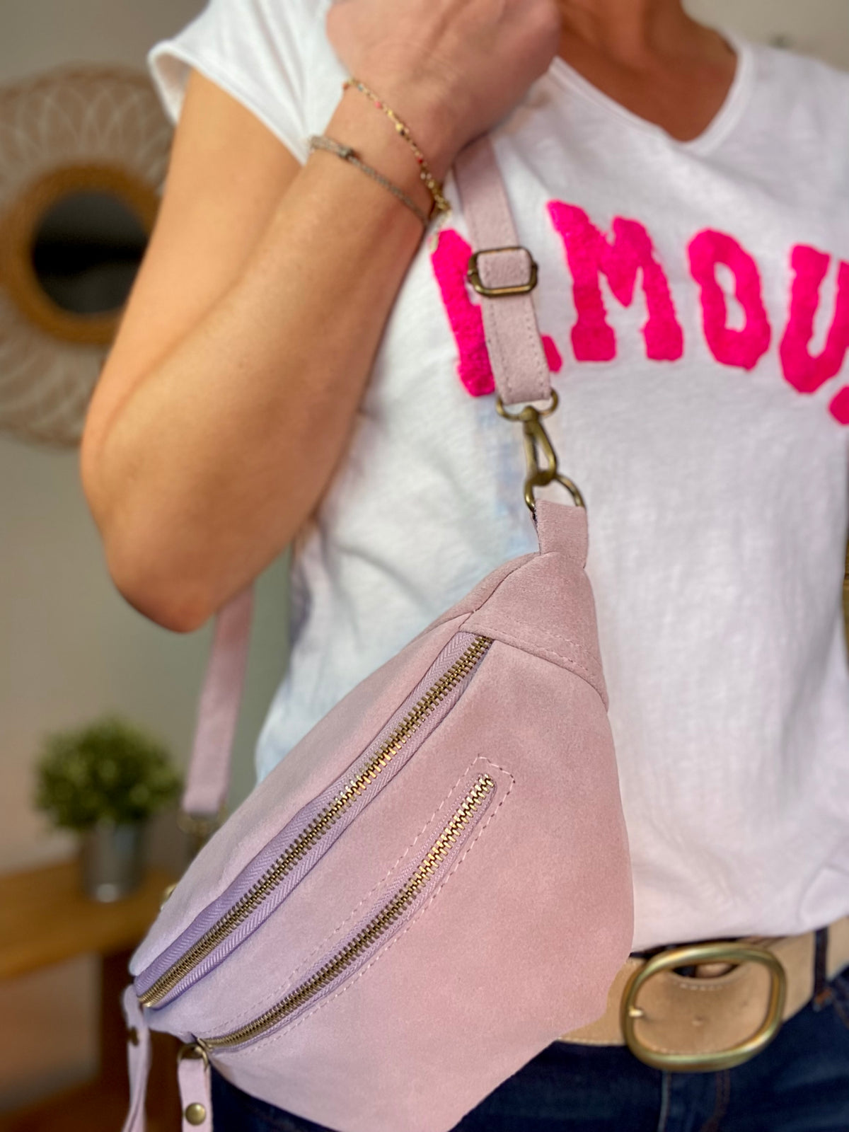 Sac banane double poche en cuir daim - OPALINE - Lilas