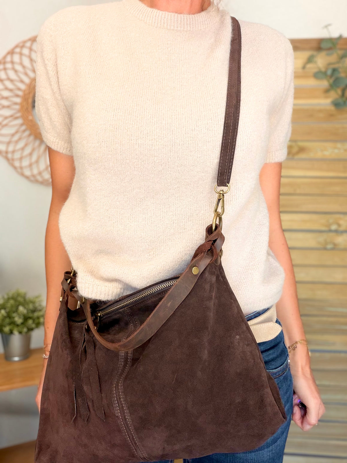 Sac hobo en cuir daim souple, double bandoulière ANDREW Chocolat