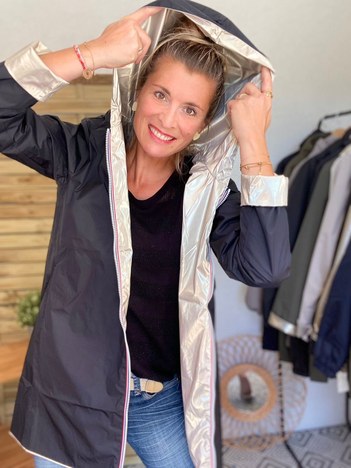 LAURA JO - Imperméable réversible léger GARANCE LONG - Noir/Doré • DESTOCKAGE sur Taille S