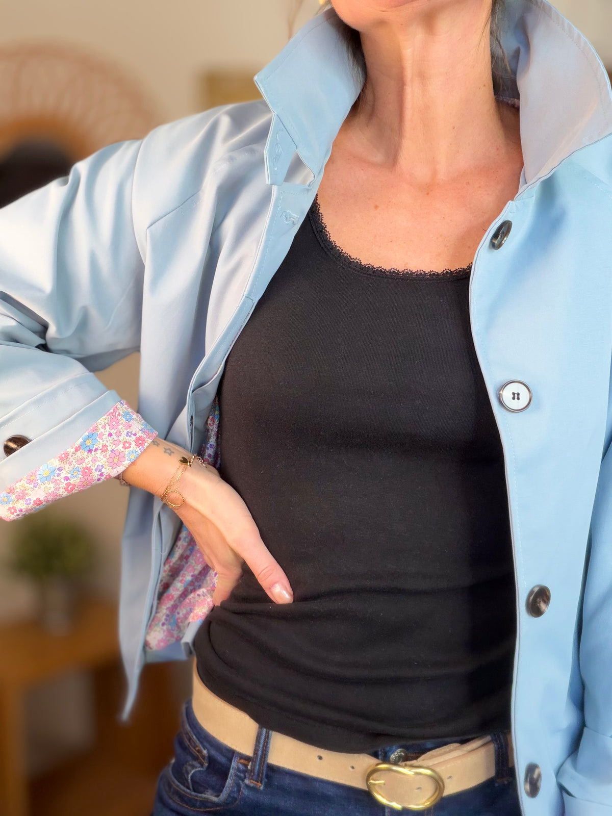 Veste Trench avec Liberty - MADELEINE Bleu ciel - FIN DE SÉRIE