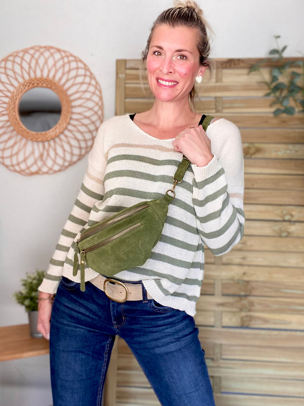 Sac banane double poche en cuir daim - OPALINE - Vert Olive (Kaki clair)