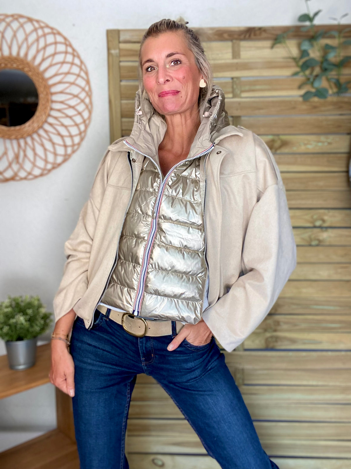 LAURA JO - Col capuche amovible réversible DANY - Beige / Doré