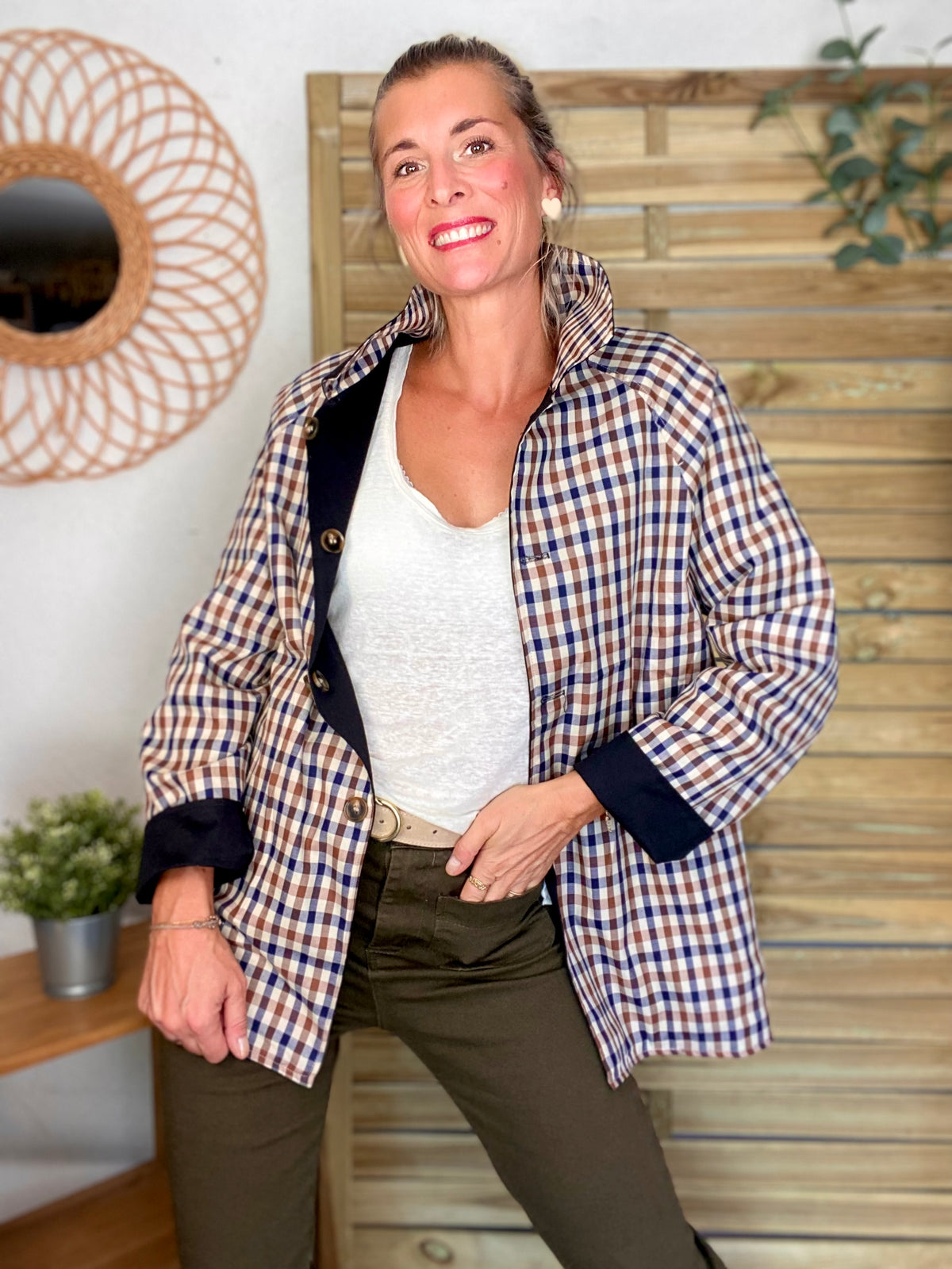 Veste Trench mi long réversible vichy LENA Noir - FIN DE SÉRIE