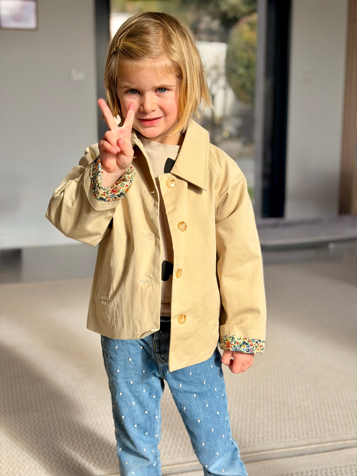 Veste Trench en coton beige avec Liberty - MARION (Taille 2 ans à la Taille XL)