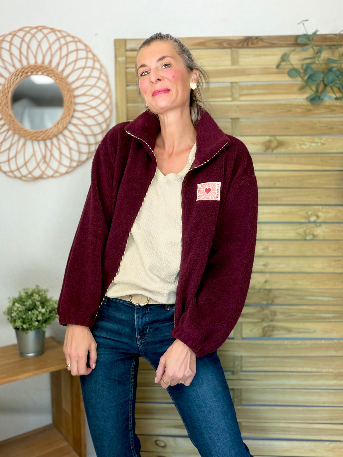 ⚡️ARRIVAGE • Veste teddy Sherpa zippée « Soleil » DORO Bordeaux