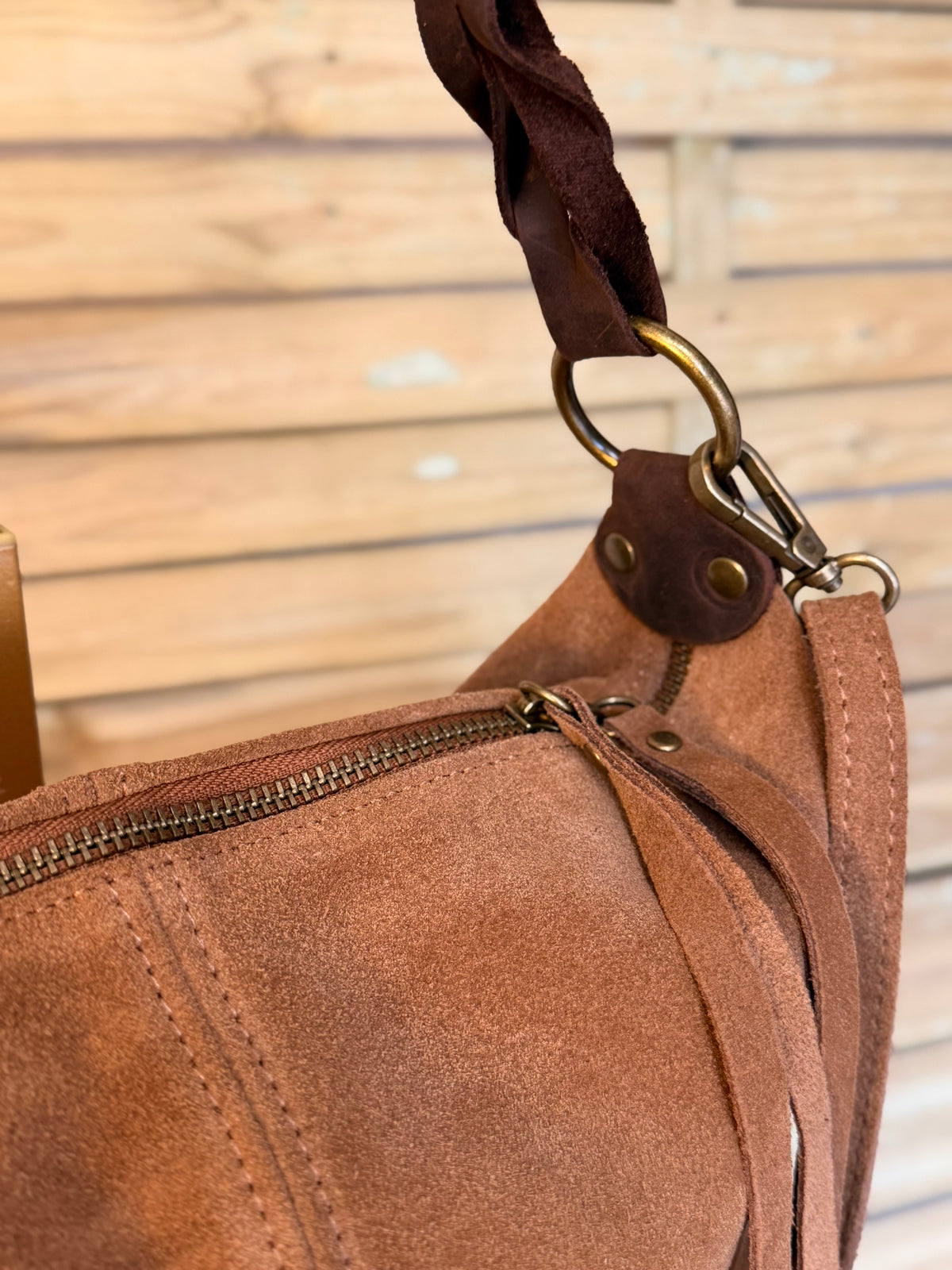 Sac hobo en cuir daim souple, double bandoulière ANDREW Camel clair