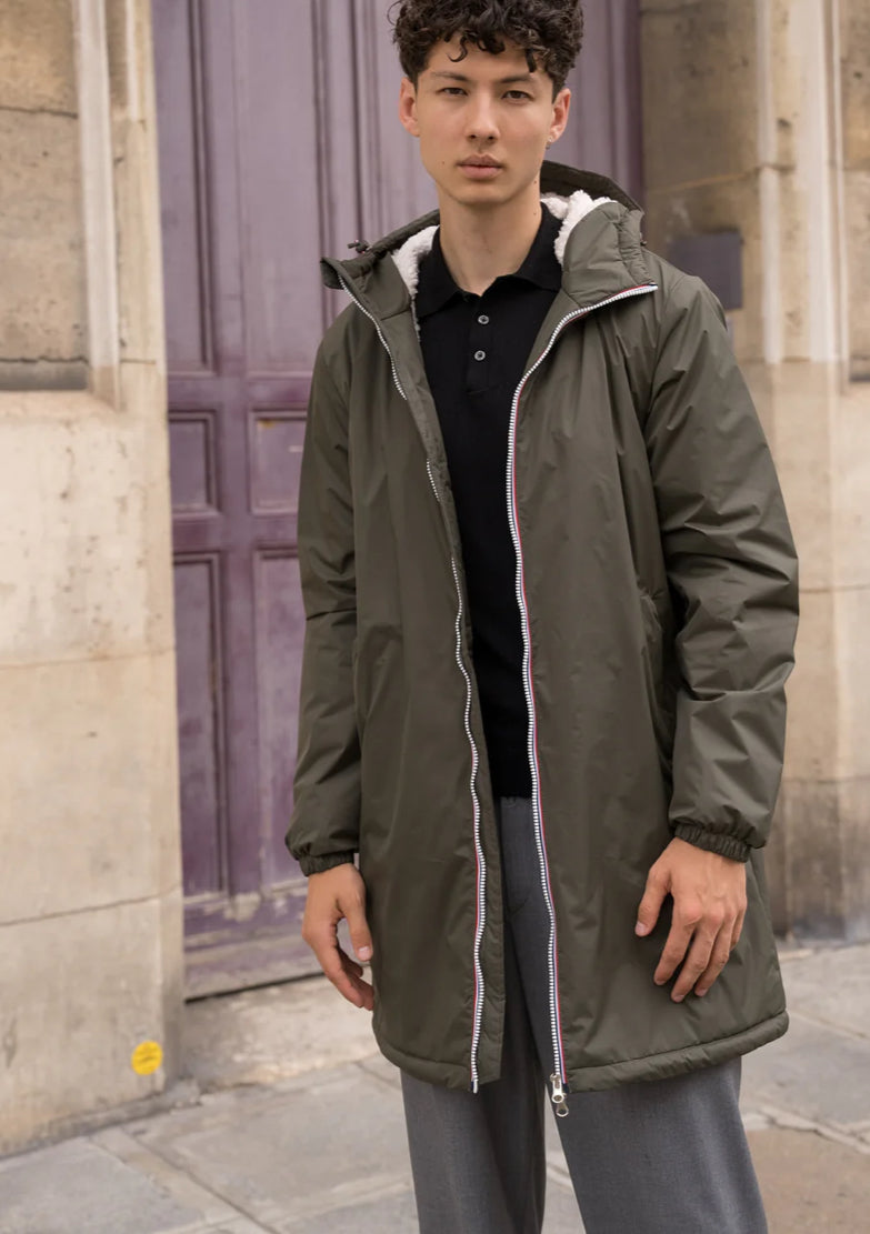 LAURA JO - Parka Imperméable Homme LOUIS* LONG Kaki / sherpa écru • DÉSTOCKAGE sur Taille S