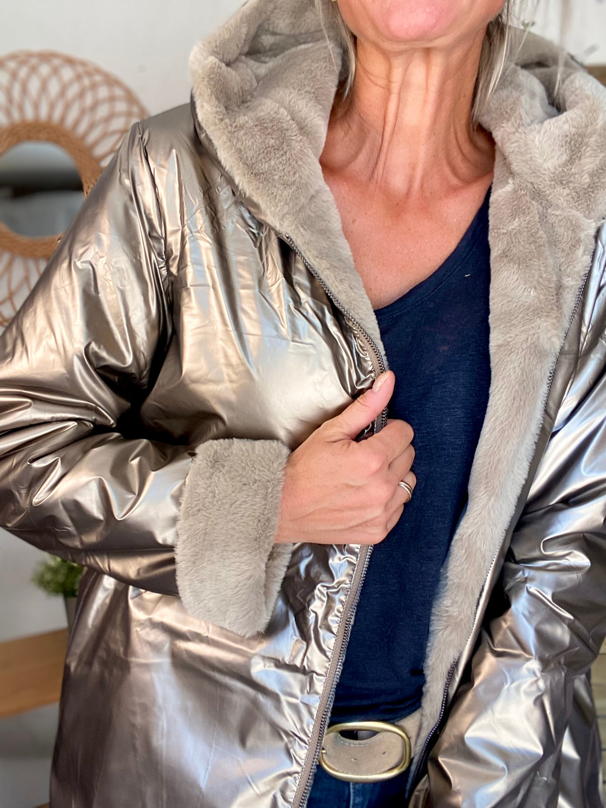 LAURA JO - Parka Imperméable réversible fourrée Bronze / Beige ALIX Long