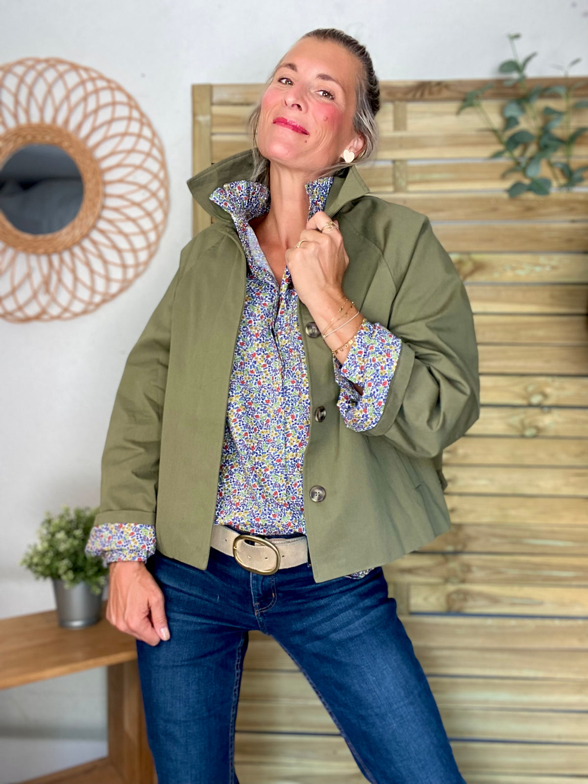 Veste Trench en coton kaki avec Liberty - MAHAUT - LILI et LALA