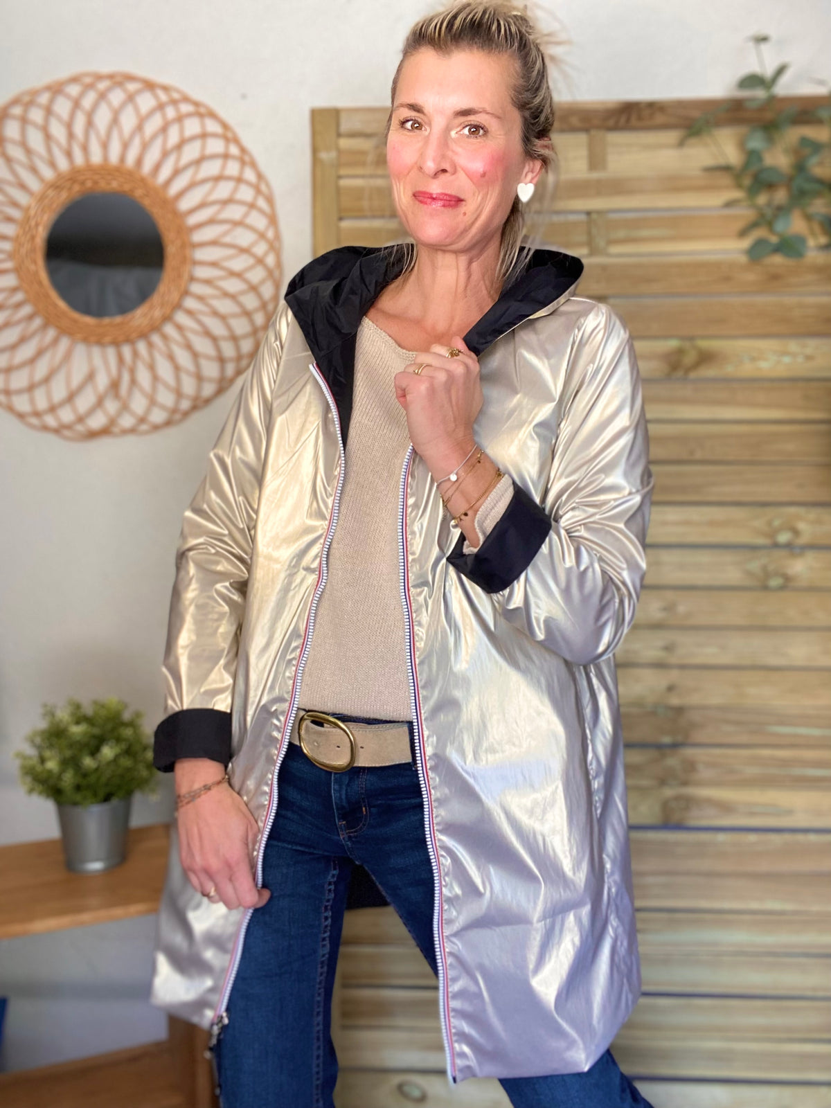 LAURA JO - Imperméable réversible léger GARANCE LONG - Noir/Doré • DESTOCKAGE sur Taille S