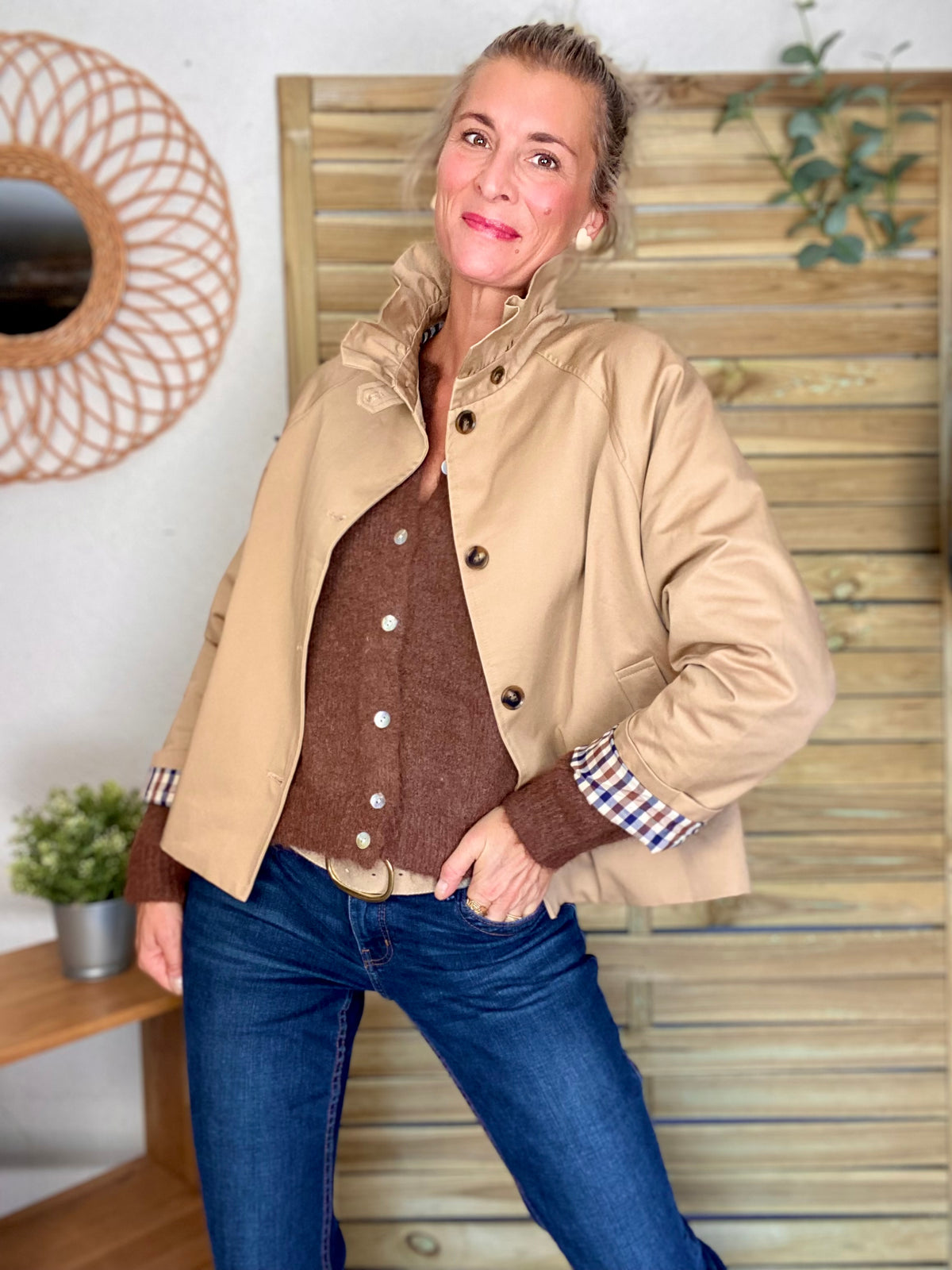 Veste Trench col victorien doublure carreaux - VICTORIA Beige Taupe