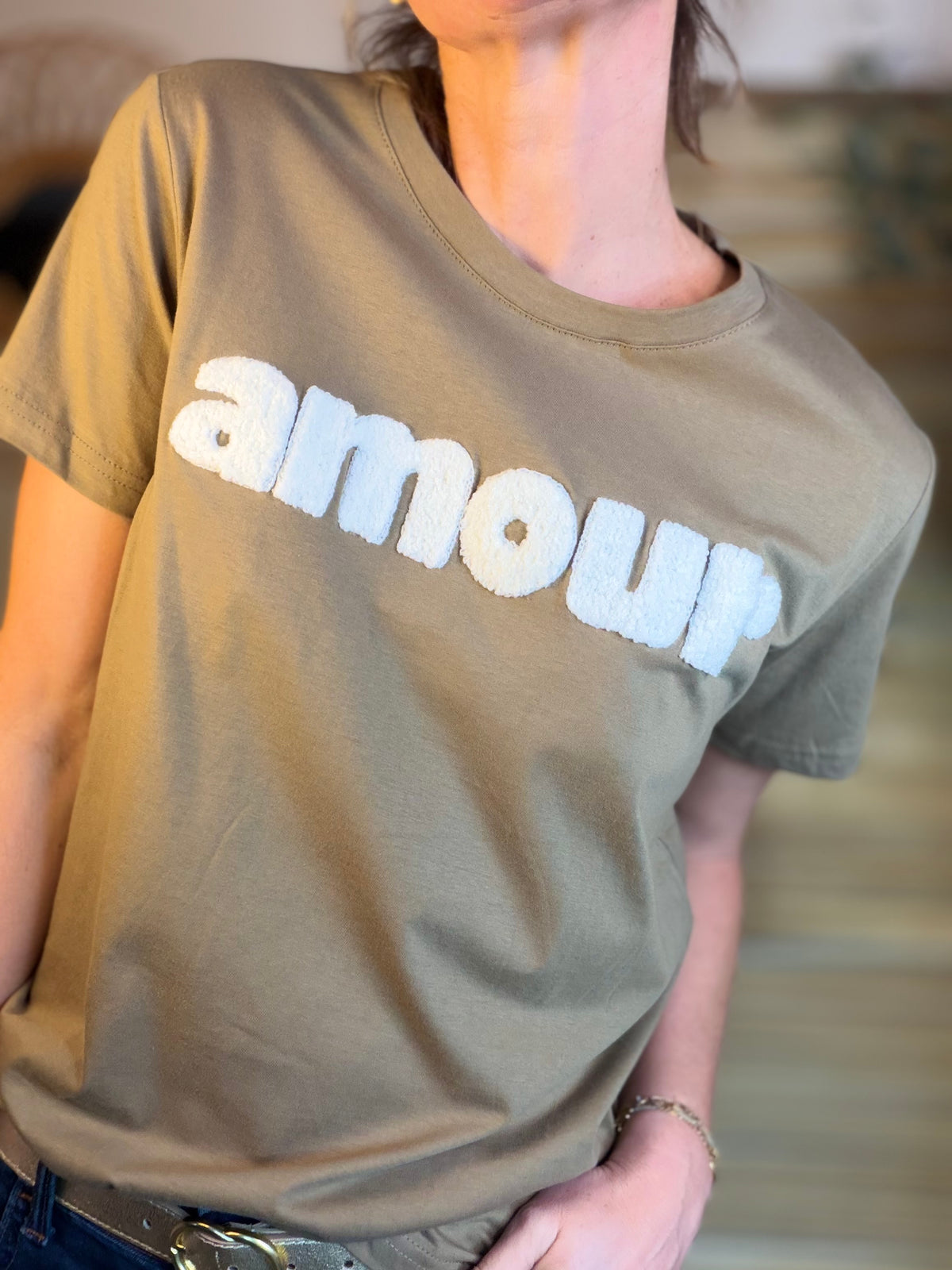 Tee shirt amour MAÏA Kaki/Blanc - FIN DE SÉRIE