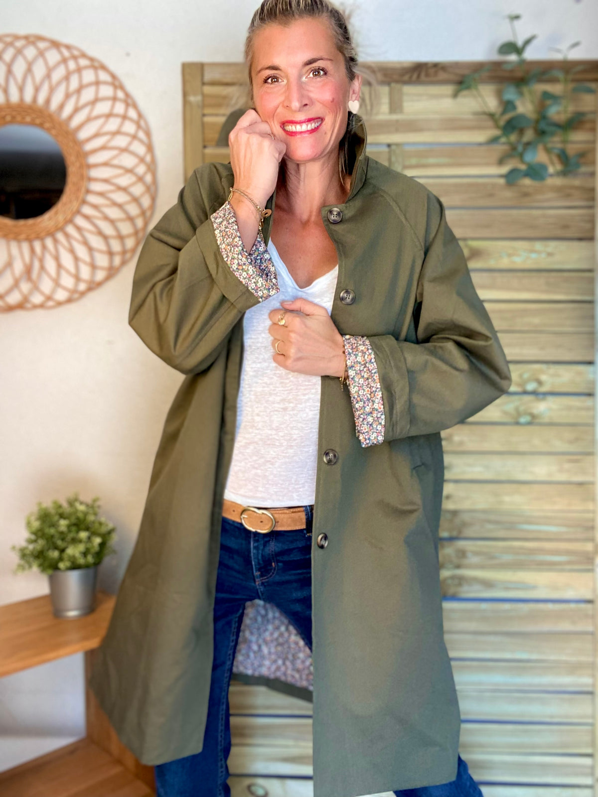 Veste Trench en coton kaki avec Liberty - MAHAUT MI LONG - LILI et LALA • DÉSTOCKAGE sur Taille S