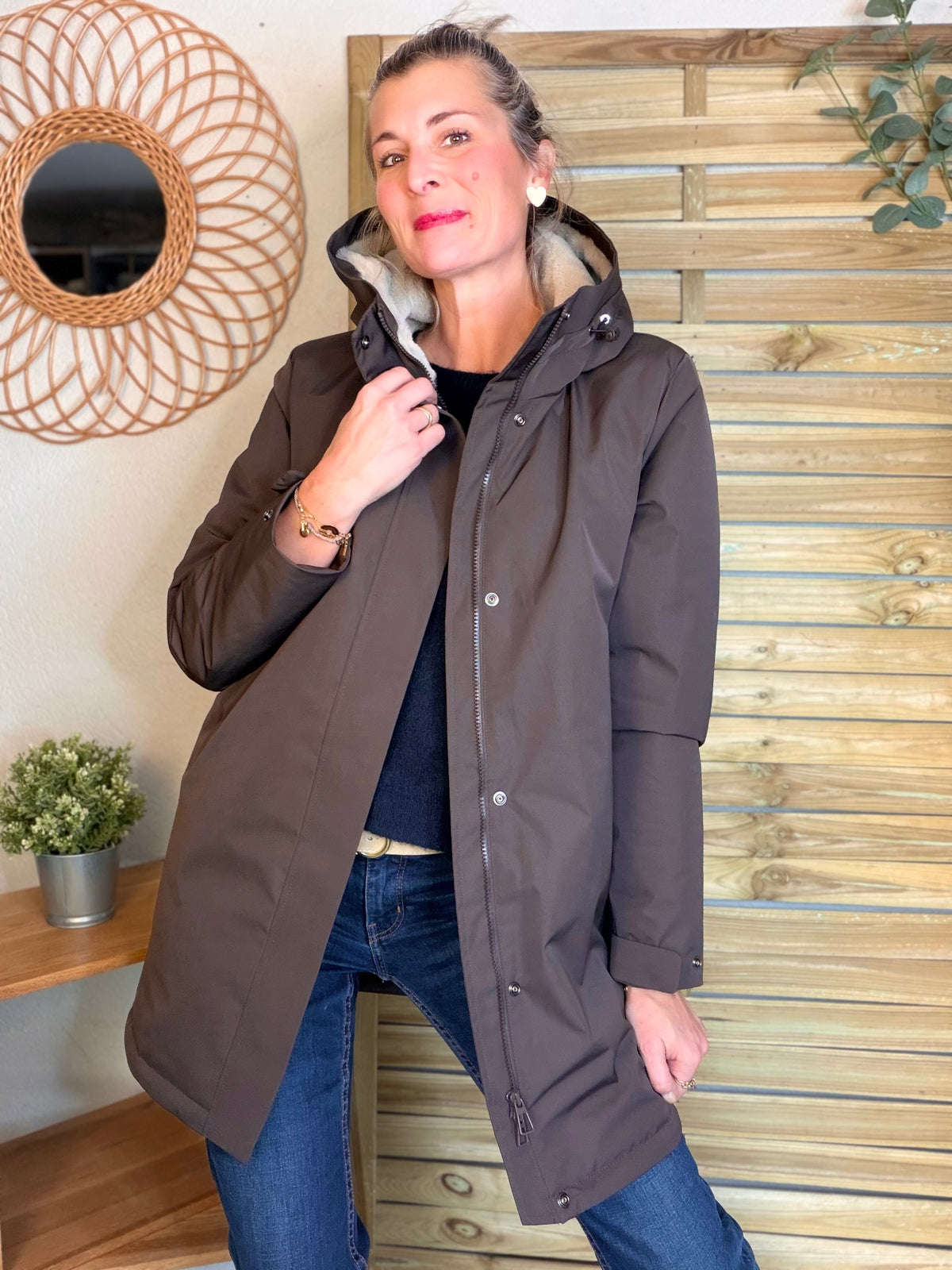 LAURA JO - Parka fourrée imperméable AMBRE LONG - Chocolat / Beige