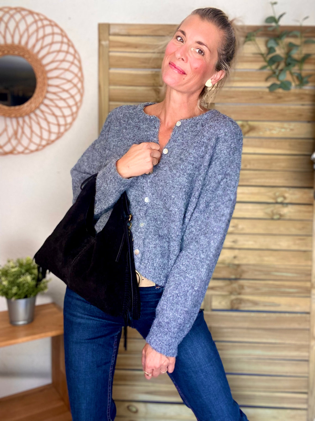 Sac hobo en cuir daim avec franges AARON - Noir - DÉSTOCKAGE