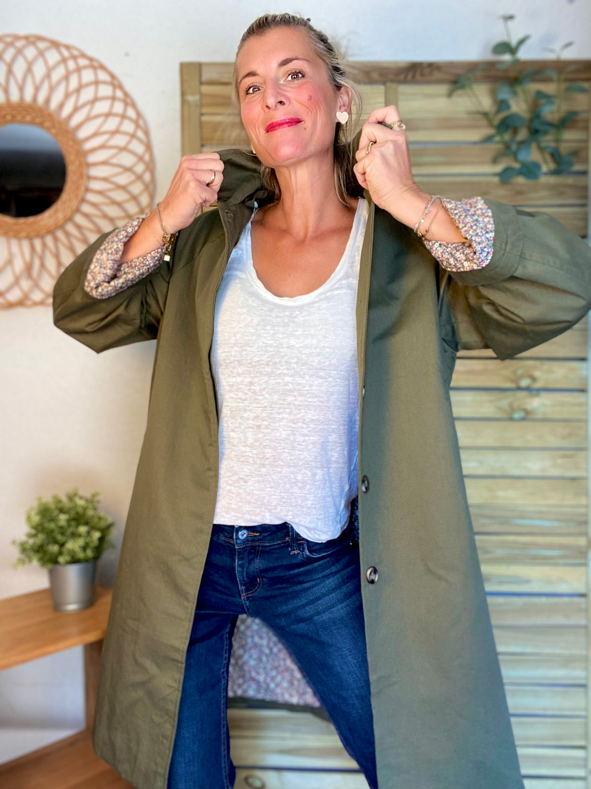 Veste Trench en coton kaki avec Liberty - MAHAUT MI LONG - LILI et LALA • DÉSTOCKAGE sur Taille S