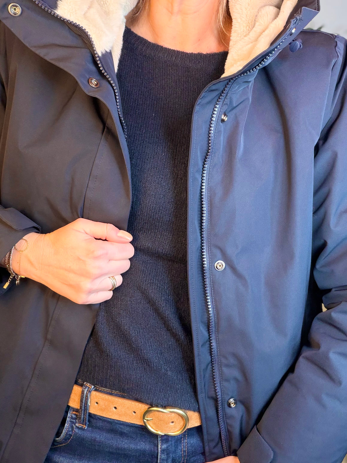 LAURA JO - Parka fourrée imperméable AMBRE LONG - Bleu marine / Beige