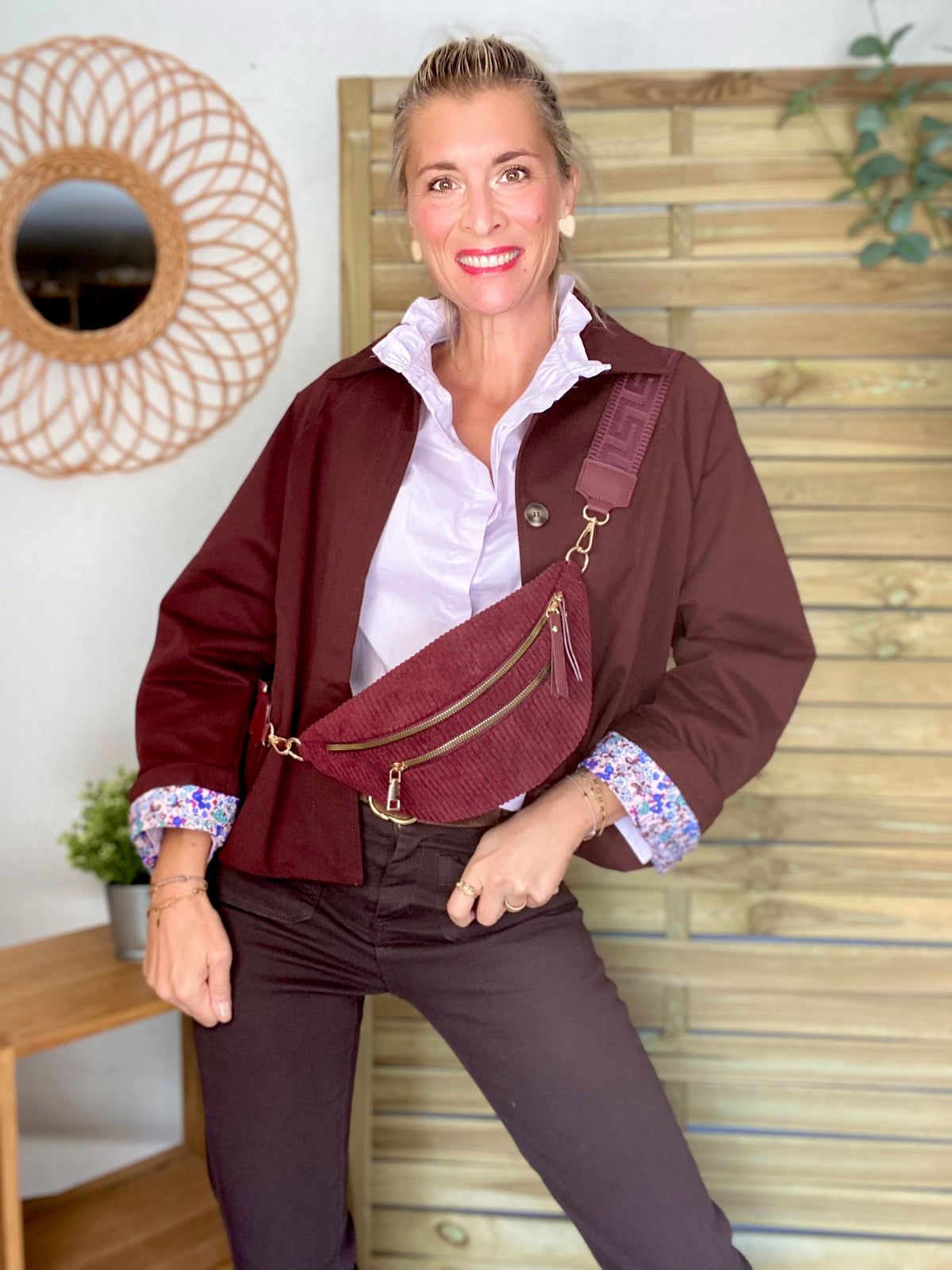Veste Trench en coton bordeaux foncé avec Liberty - MAHAUT - LILI et LALA - FIN DE SÉRIE
