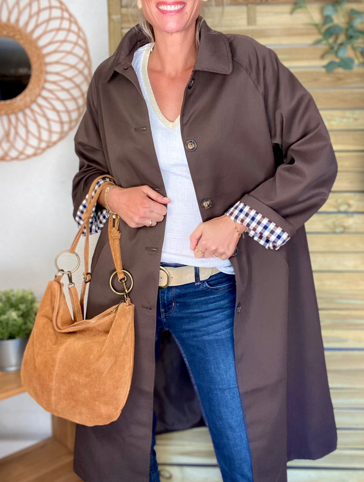 Veste Trench en coton, revers carreaux - YSEULT long Chocolat