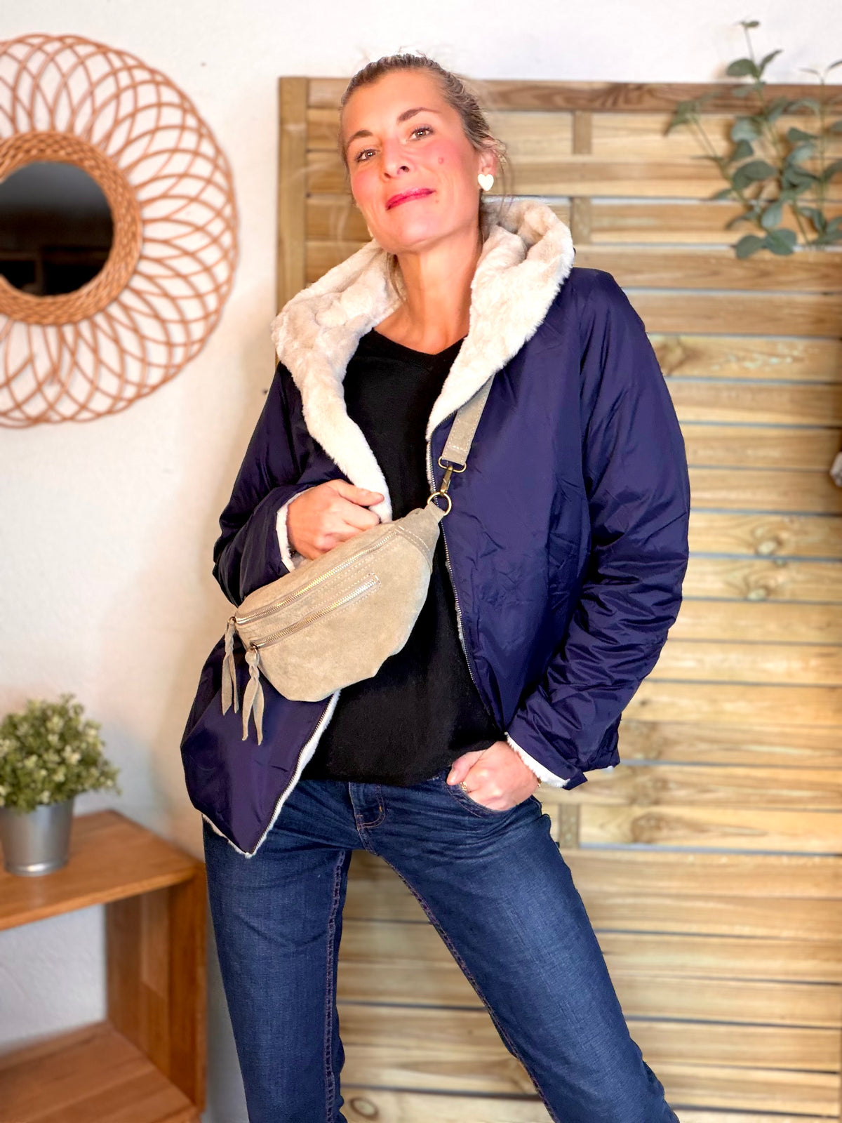 LAURA JO - Parka Imperméable réversible fourrée Marine / Beige ALIX Court • DÉSTOCKAGE