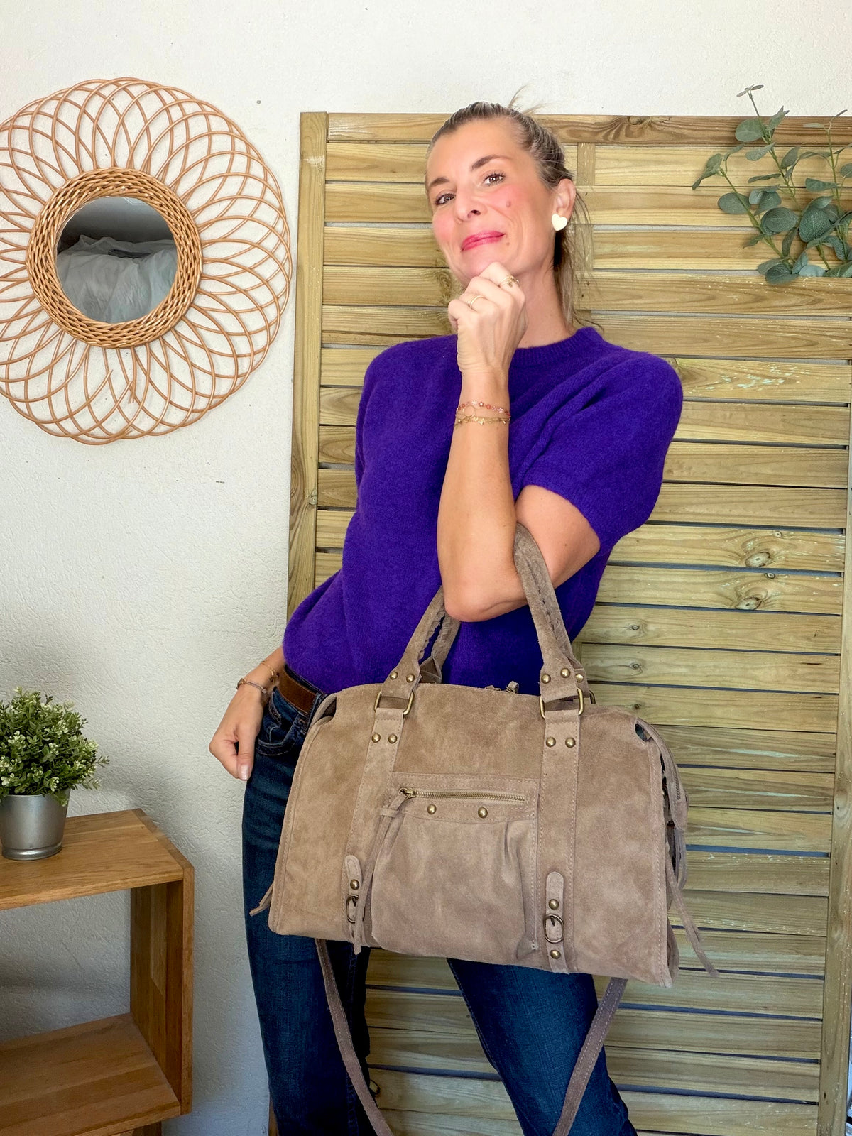 Sac cabas XL en cuir daim • HUNTER Taupe