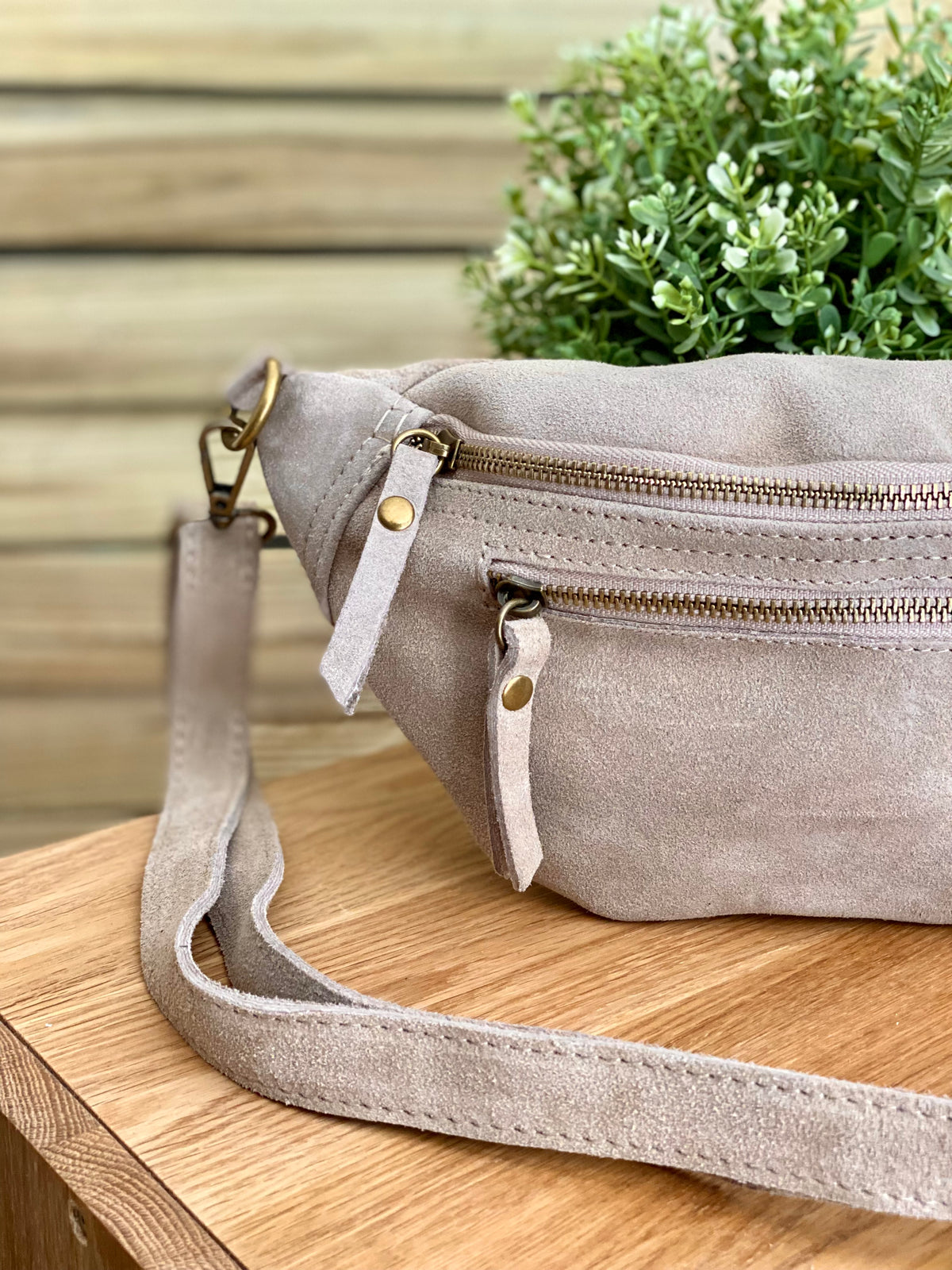 Sac banane double poche en cuir daim - OPALINE - Beige