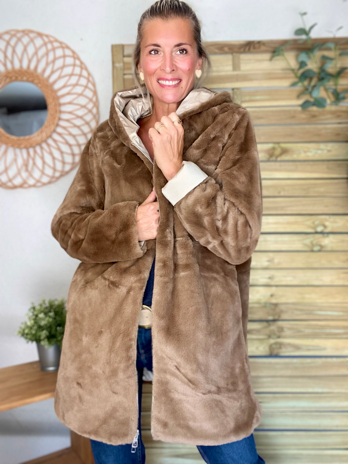 LAURA JO - Parka Imperméable réversible fourrée Sable irisé / Camel ALIX Long