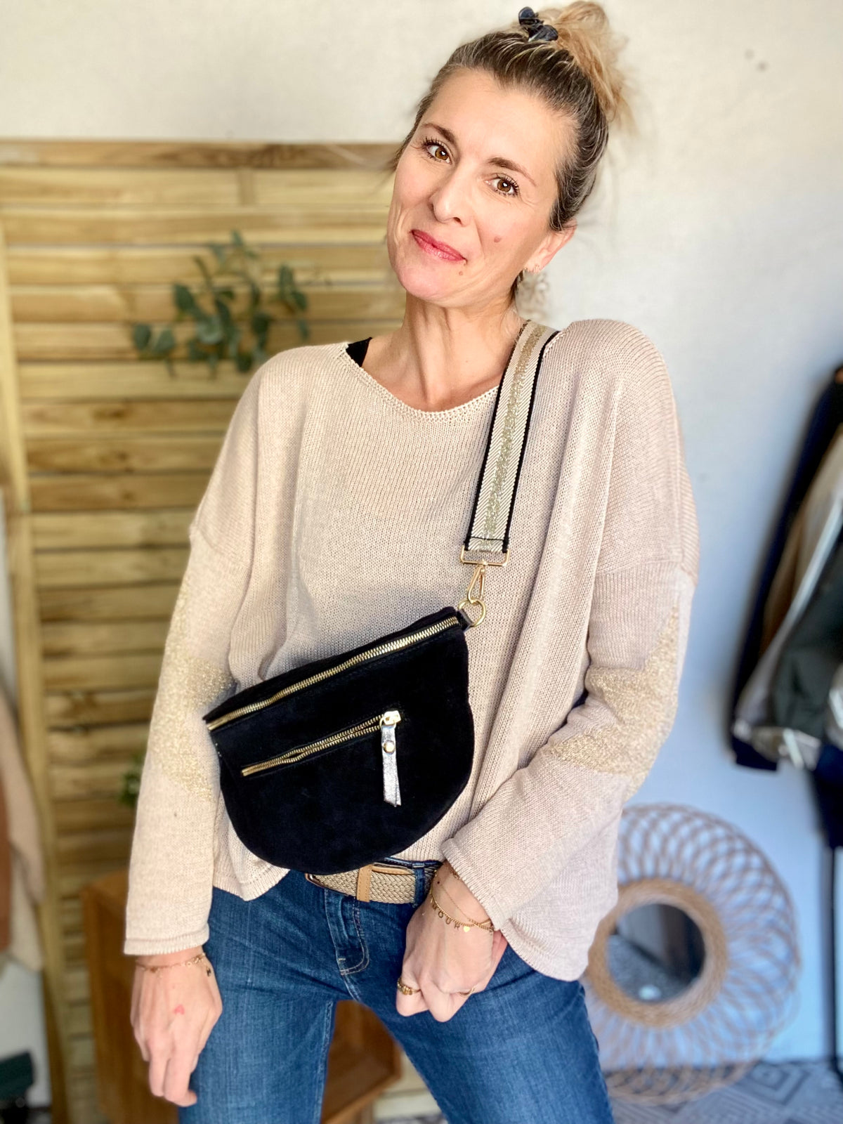 Sac banane XL 2 zips en cuir velours et irisé 30cm TERRY - Noir