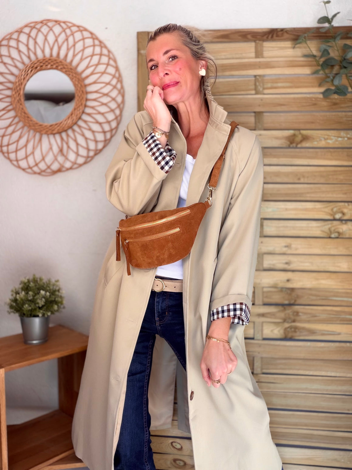 Veste Trench col victorien, revers carreaux - VICKY LONG Beige