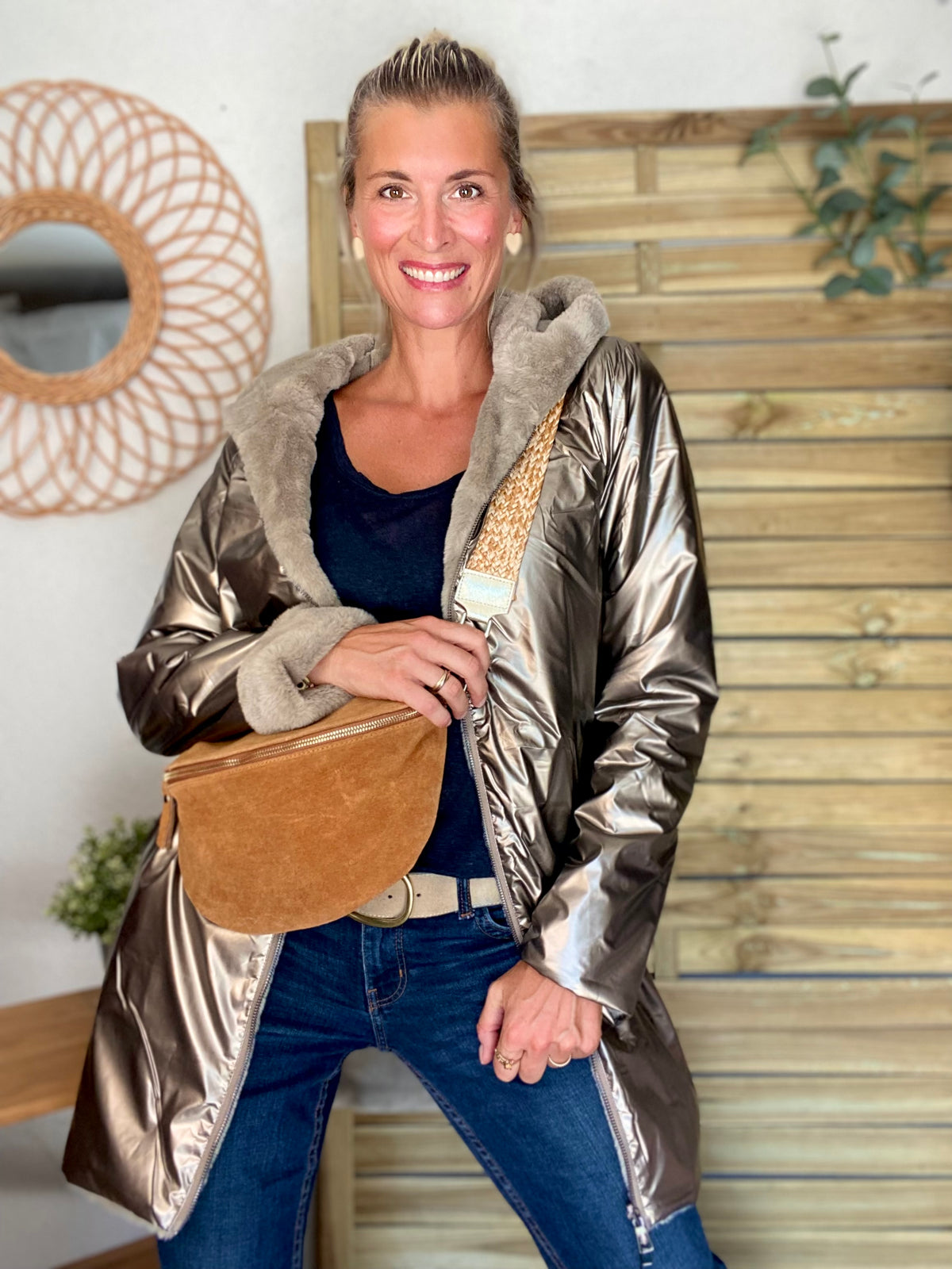 LAURA JO - Parka Imperméable réversible fourrée Bronze / Beige ALIX Long