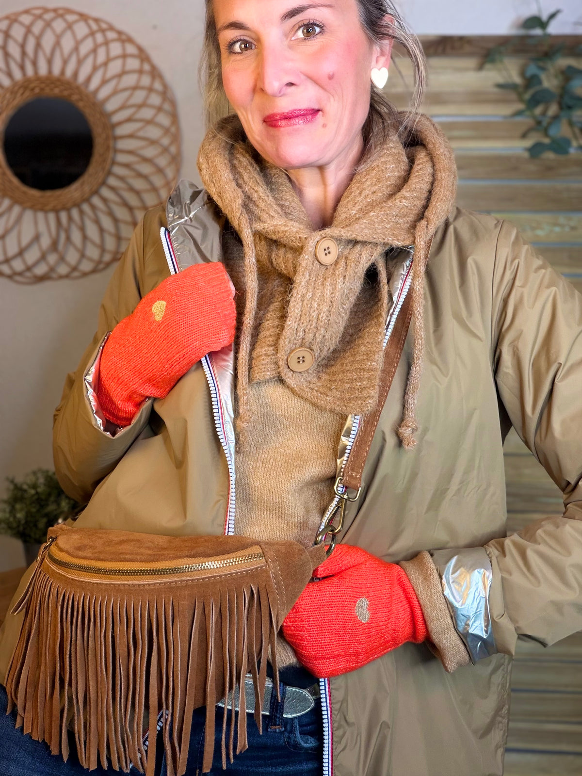 Col cagoule LORIE en maille avec boutons - Camel