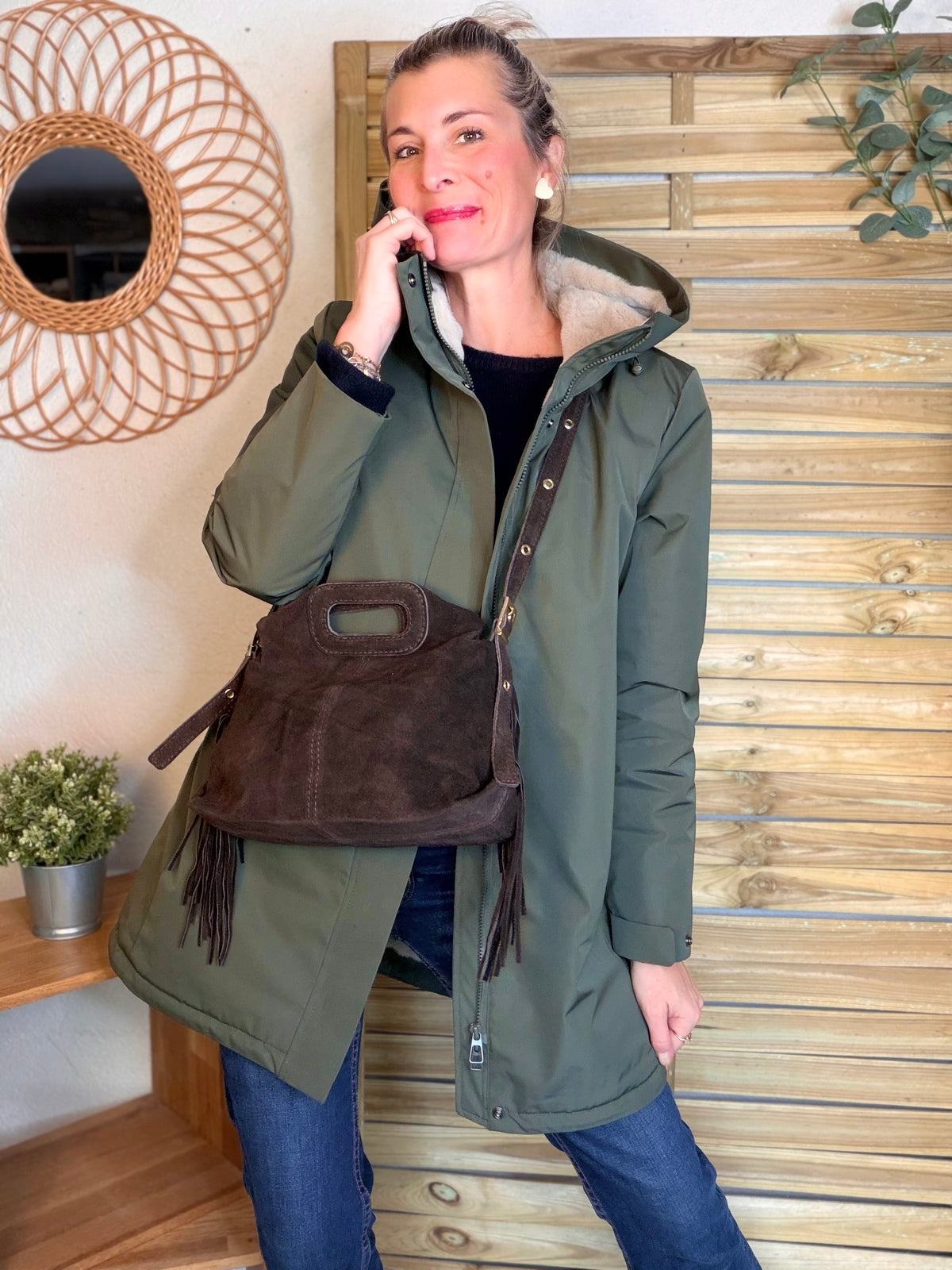 Sac en cuir daim avec franges LOGAN - Chocolat