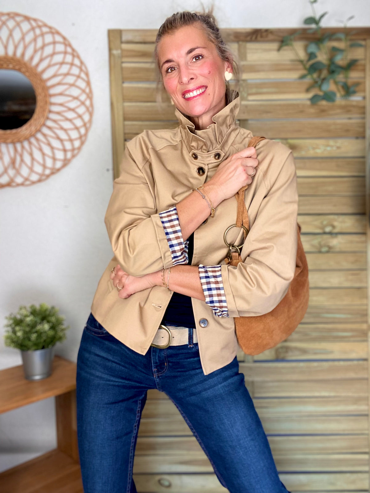 Veste Trench col victorien doublure carreaux - VICTORIA Beige Taupe